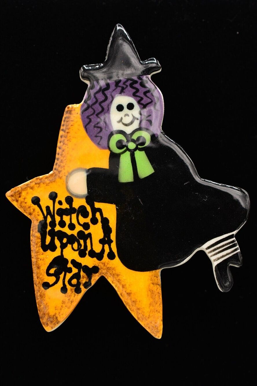 Vintage Halloween Witch Pin Brooch Upon A Star Porcelain Painted 1980s BinAH